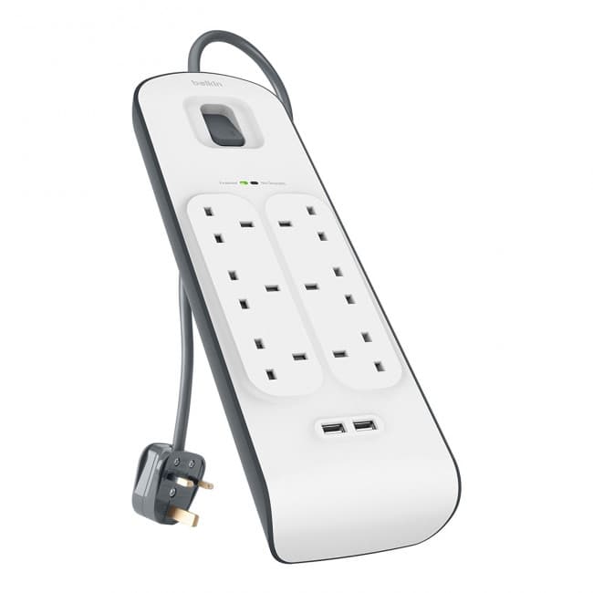 بيلكين توصيلة شحن كهربائية 6 منافذ و2 مخرج USB مع خاصية الحماية من زيادة التيار الكهربائي 2 متر أبيض - Modern Electronics