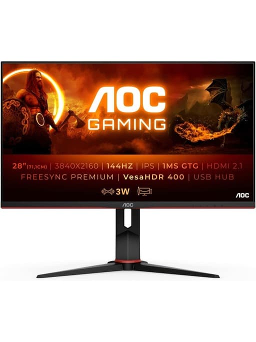 AOC 28 Inch IPS LCD 4K Gaming Monitor| UHD|144Hz|1ms|VESA Certified Display HDR 400|HDMI 2.1|DisplayPort|Free-Sync Premium - Black and Red - Modern Electronics
