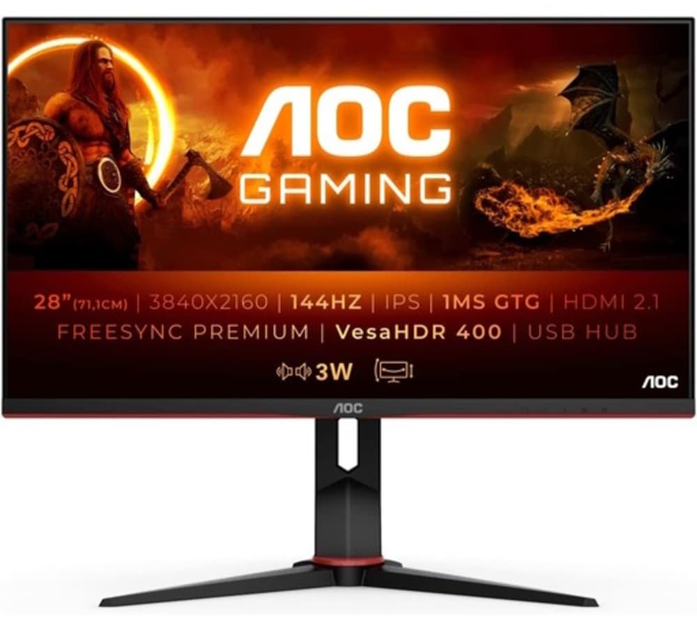 AOC 28 Inch IPS LCD 4K Gaming Monitor| UHD|144Hz|1ms|VESA Certified Display HDR 400|HDMI 2.1|DisplayPort|Free-Sync Premium - Black and Red - Modern Electronics