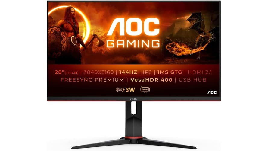 AOC 28 Inch IPS LCD 4K Gaming Monitor| UHD|144Hz|1ms|VESA Certified Display HDR 400|HDMI 2.1|DisplayPort|Free-Sync Premium - Black and Red - Modern Electronics