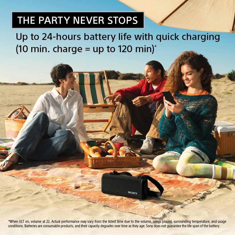 Sony ULT Field 3 Wireless Portable Bluetooth Speaker, IP67 Waterproof, Dustproof, Rustproof, and Shockproof with Enhanced Bass, 24 Hour Battery and Shoulder Strap SRSULT30B - Black - Modern Electronics