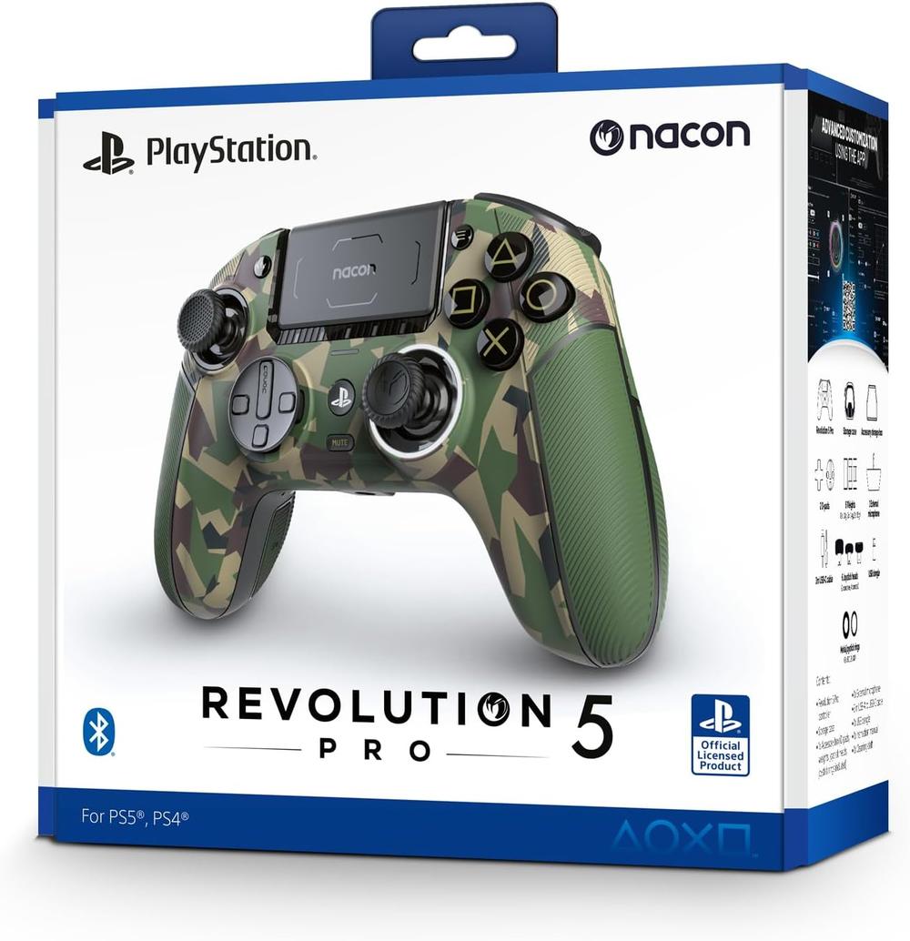 Nacon Revolution 5 Pro Officially Licensed PlayStation Wireless Gaming Controller for PS5 / PS4 / PC - Hall Effect, Trigger Stops, Mappable Buttons, Bluetooth Audio - Forest Camo - Modern Electronics