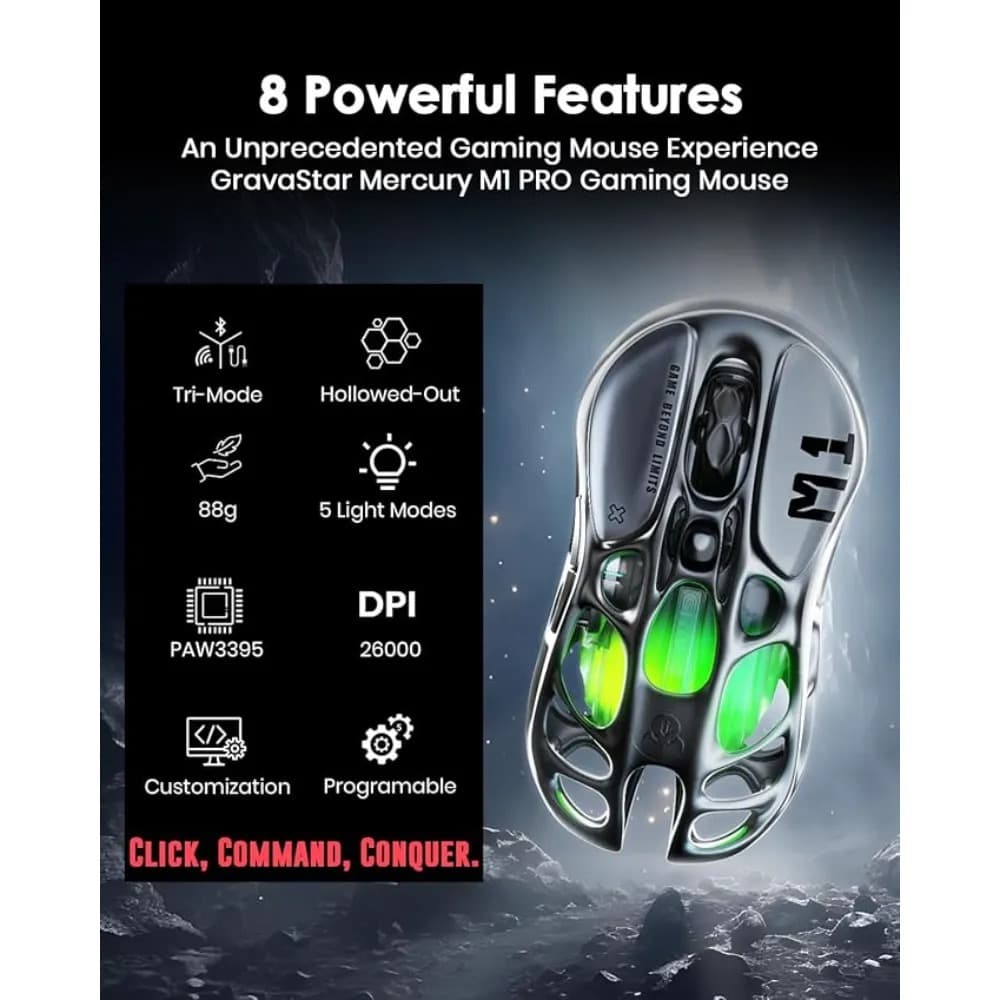 GravaStar Mercury M1 Pro Wireless Gaming Mouse | PAW3395 sensor|26000 DPI High-Resolution Sensitivity|Gunmetal Grey - Modern Electronics