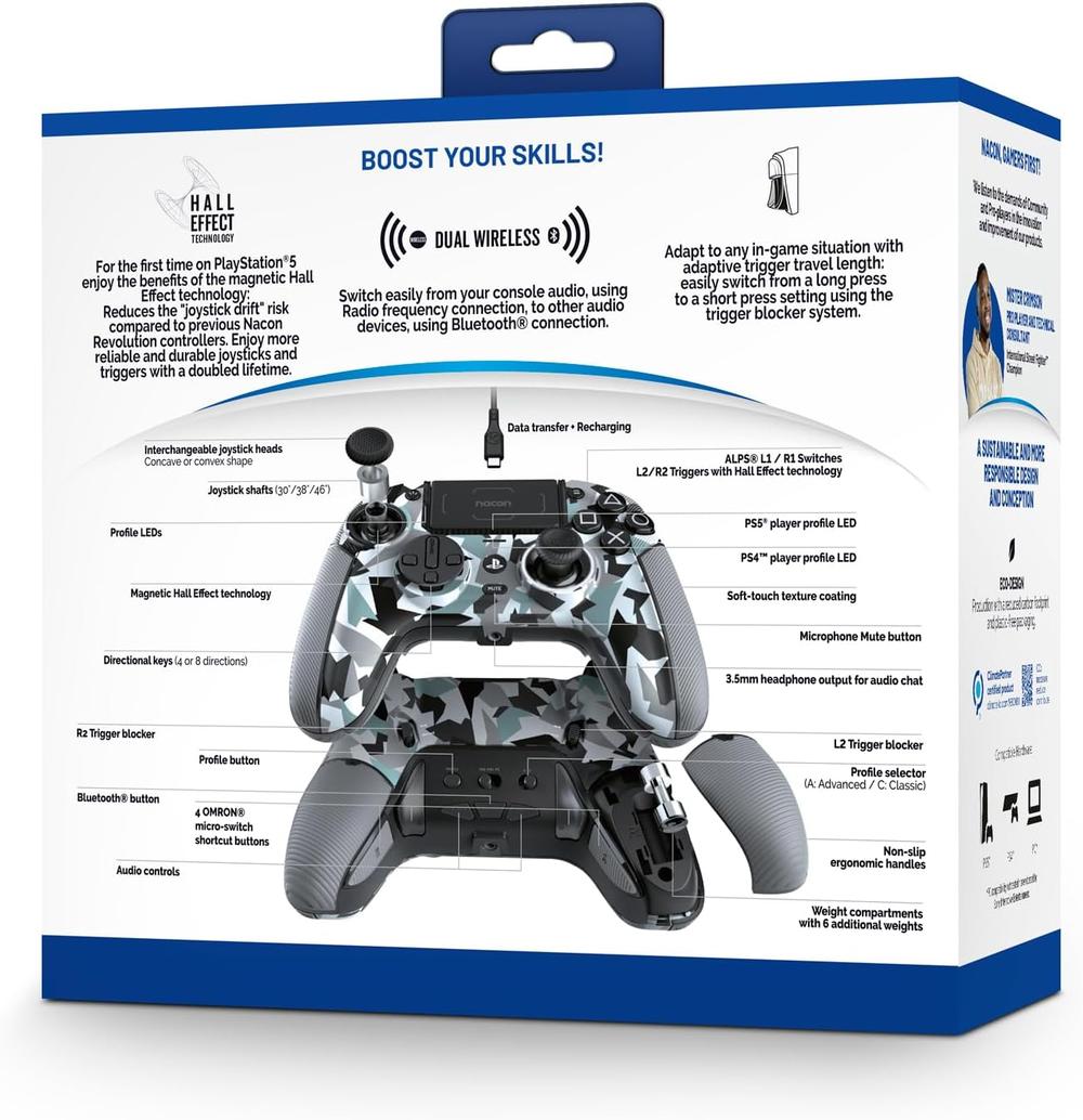Nacon Revolution 5 Pro Officially Licensed PlayStation Wireless Gaming Controller for PS5 / PS4 / PC - Hall Effect, Trigger Stops, Mappable Buttons, Bluetooth Audio - Arctic Camo - Modern Electronics