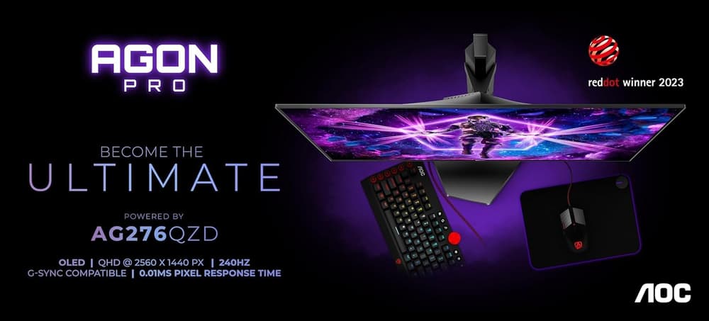 AG276QZD AOC AGON برو شاشة كمبيوتر العاب 27 بوصة 2K كيو اتش دي 2560x1440 اتش دي ار 10 تقنية العرض OLED معدل التحديث 240 هيرتز سرعة الاستجابة 0.01 ملي ثانية تقنية المزامنة انفيديا جي سينك إضاءة محيطة استناد قابل للتعديل - اسود / رمادي - Modern Electronics