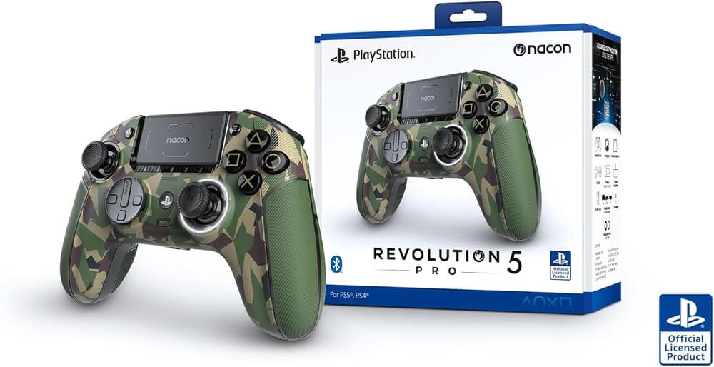 Nacon Revolution 5 Pro Officially Licensed PlayStation Wireless Gaming Controller for PS5 / PS4 / PC - Hall Effect, Trigger Stops, Mappable Buttons, Bluetooth Audio - Forest Camo - Modern Electronics
