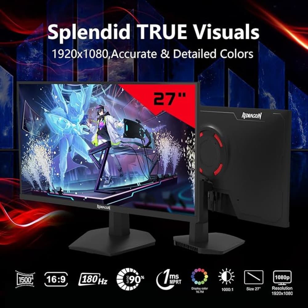 Redragon OPAL GM27X5QIPS 27 inch QHD Gaming Monitor 2560 x 1440|180Hz|1ms|IPS Panel with AMD FreeSync|Blur-Free Gaming with Vibrant Colors and Wide Viewing Angles|Black & Red - Modern Electronics