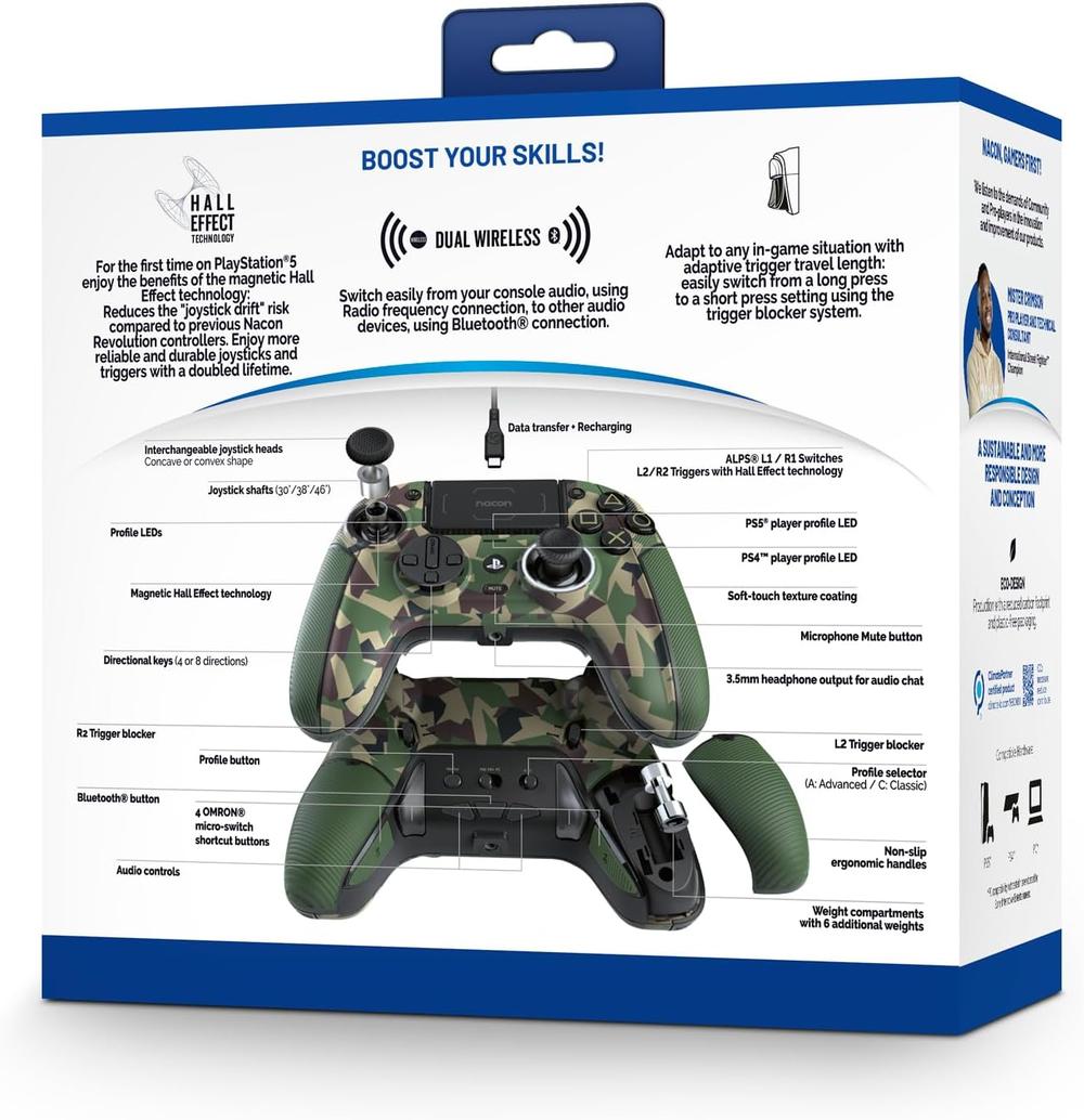 Nacon Revolution 5 Pro Officially Licensed PlayStation Wireless Gaming Controller for PS5 / PS4 / PC - Hall Effect, Trigger Stops, Mappable Buttons, Bluetooth Audio - Forest Camo - Modern Electronics
