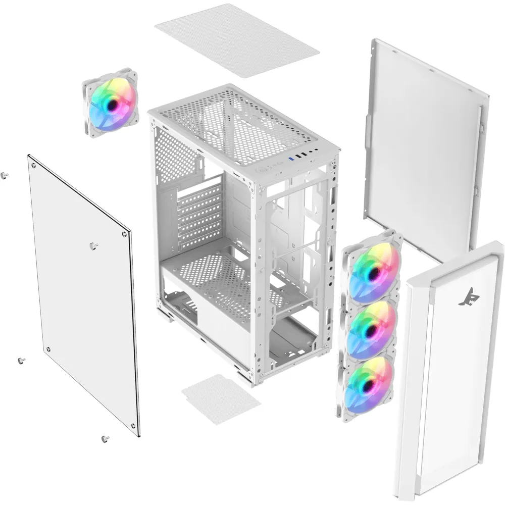 SHARX STRIKER ARGB ATX PC Case With Front Mesh Panel (S-200W)| 4 x 120mm Pre-Installed Fans | Remote Controller| Glass Side Panel |Ports Type C |1 / USB3.0 | 1 / USB2.0 | 2 / Buttons: Power |Reset |LED - Modern Electronics