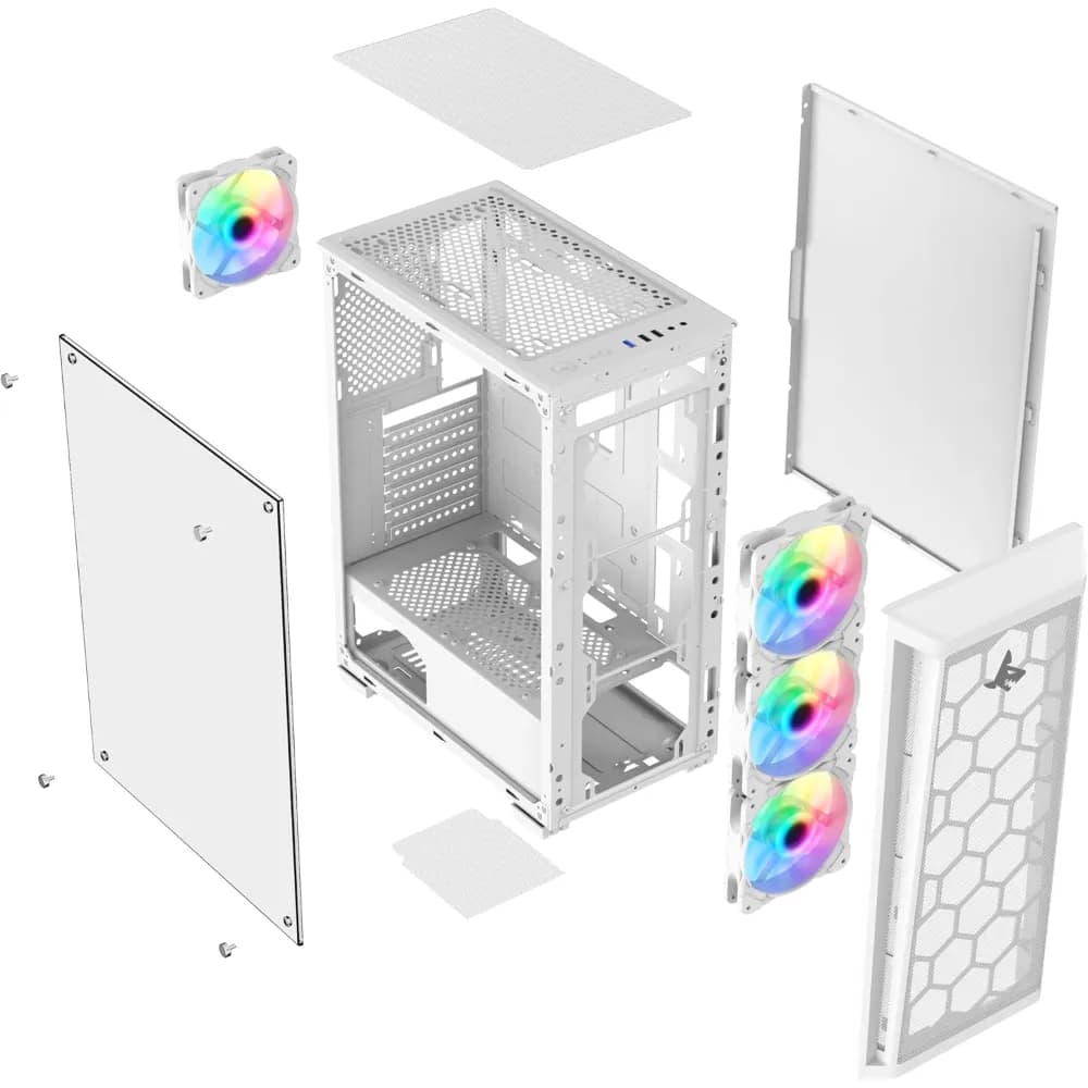SHARX RAZORFIN ARGB ATX PC Case With Front Mesh Panel (R-200W) |4 x 120mm Pre-Installed Fans| Remote Controller|Glass Side Panel|Ports Type C |1 / USB3.0 |1 / USB2.0 |2 / Buttons: Power |Reset |LED - Modern Electronics