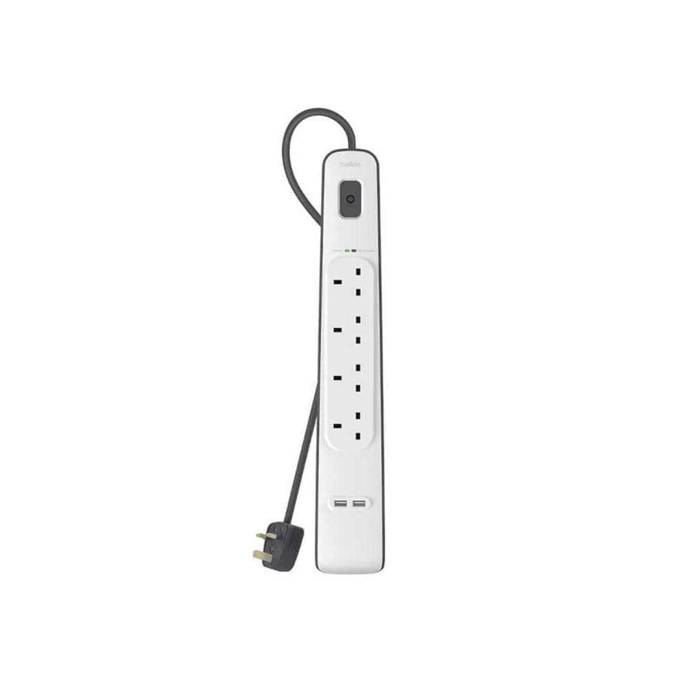 Belkin 4 Way 2 USB Ports Surge Protection Strip Electrical Extension Socket 2M White - Modern Electronics