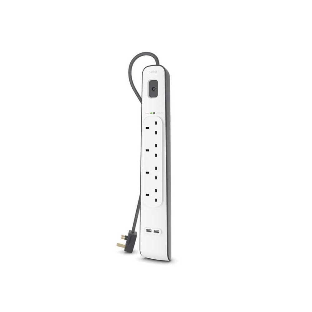Belkin 4 Way 2 USB Ports Surge Protection Strip Electrical Extension Socket 2M White - Modern Electronics