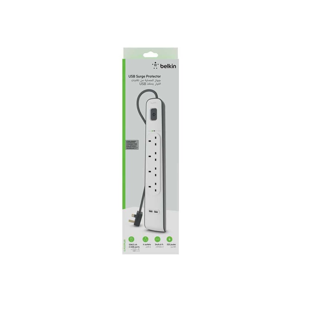 Belkin 4 Way 2 USB Ports Surge Protection Strip Electrical Extension Socket 2M White - Modern Electronics
