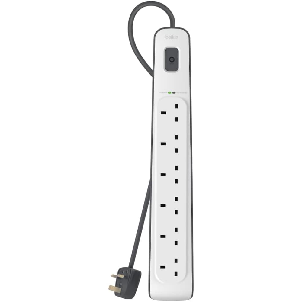 بيلكين توصيلة شحن كهربائية 6 منافذ و2 مخرج USB مع خاصية الحماية من زيادة التيار الكهربائي 2 متر أبيض - Modern Electronics