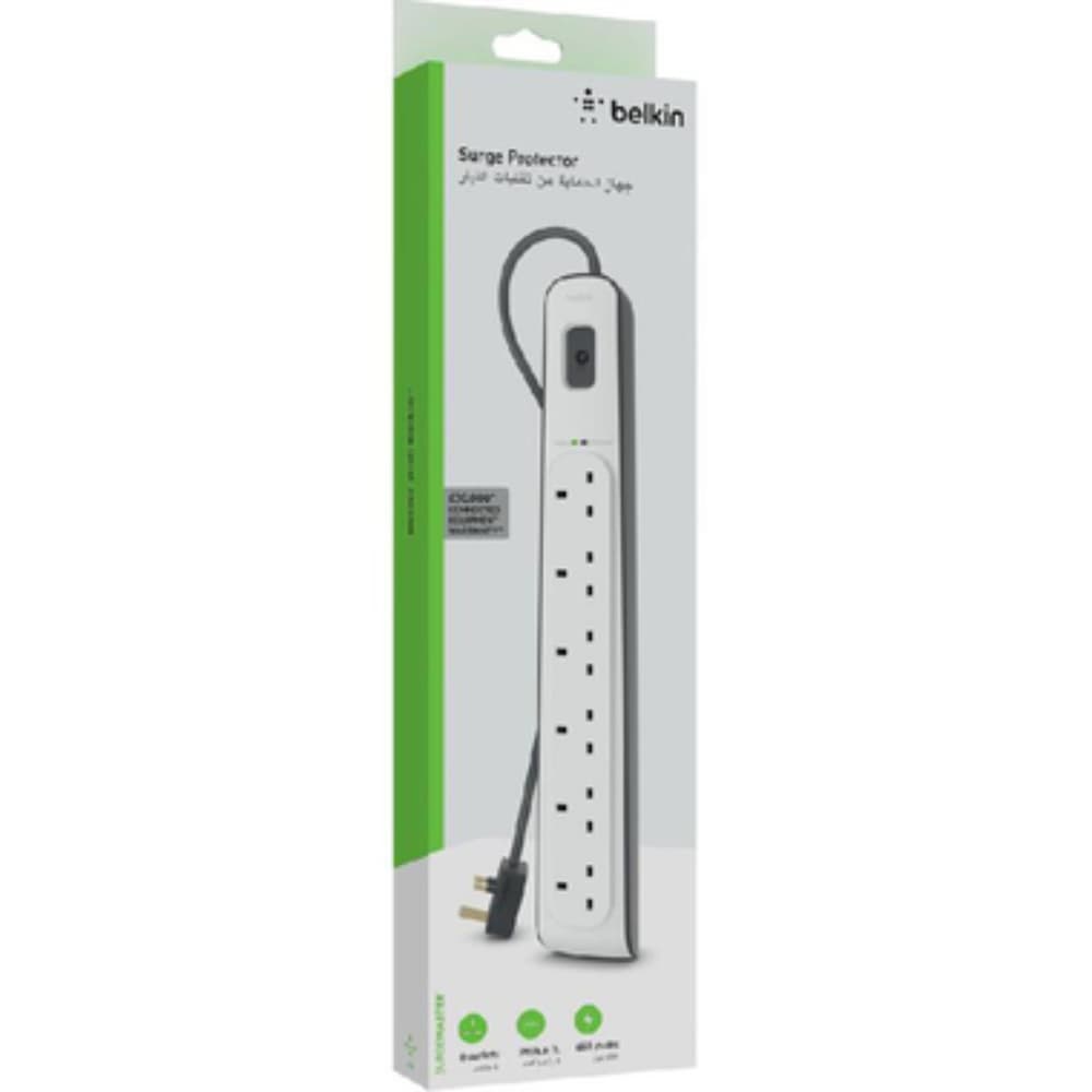 بيلكين توصيلة شحن كهربائية 6 منافذ و2 مخرج USB مع خاصية الحماية من زيادة التيار الكهربائي 2 متر أبيض - Modern Electronics