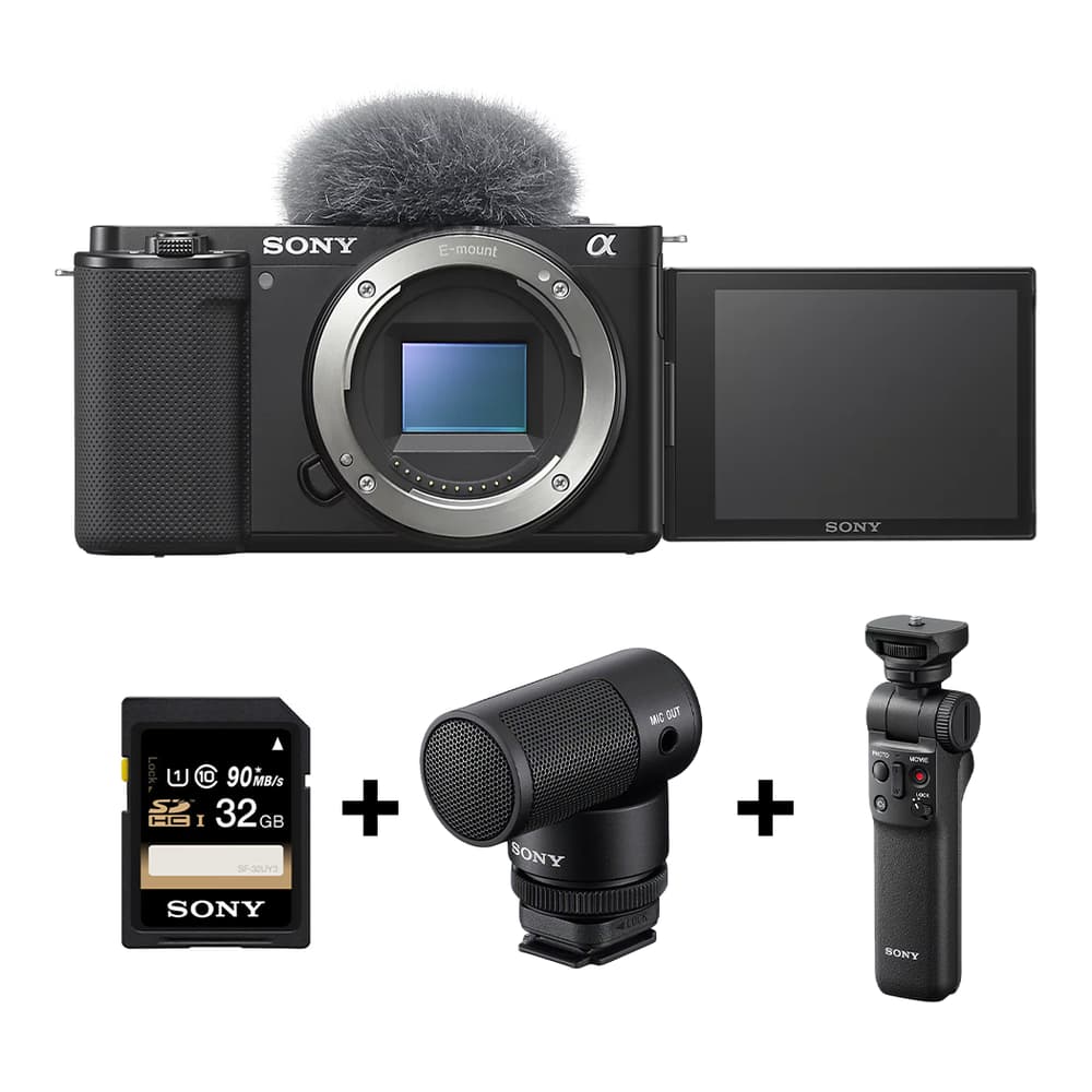 Sony ZV-E10 Vlog Camera Bundle with Shooting Grip Wireless Remote Commander | Camera-Mount Vlogger Shotgun Microphone and 32GB SF-UY3 Series UHSI SDHC Memory Card - Modern Electronics