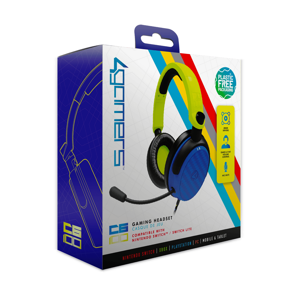 4Gamers C6-100 Gaming Headset for Switch, XBOX, PS4/PS5, PC - Neon Yellow/Blue - Modern Electronics