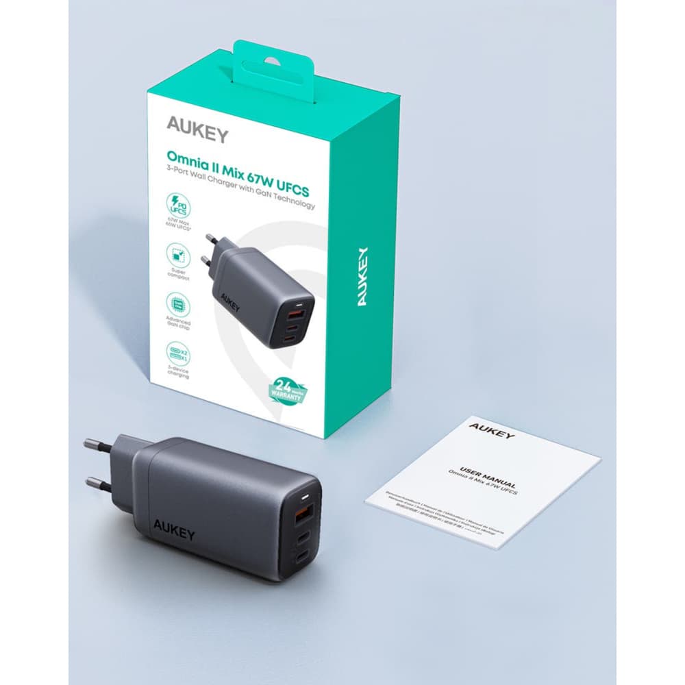 AUKEY Omnia ll Mix GaN Technology 3-Port Wall Charger Grey - Modern Electronics