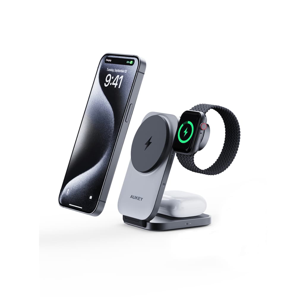 Aukey MagFusion 3-in-1 Foldable Wireless Charging Station Grey - Modern Electronics