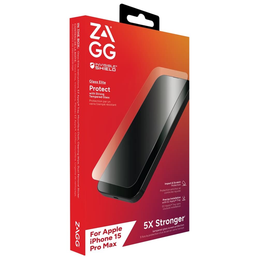 ZAGG InvisibleShield Glass Elite iPhone 15 Pro Max Screen Protector - 5X  Stronger with Reinforced Edges, Scratch & Smudge-Resistant Surface, Easy to