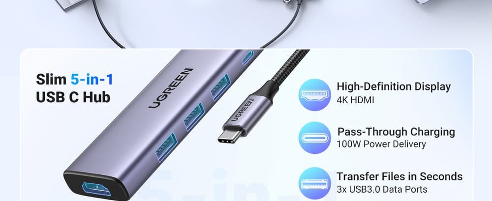 يوجرين محول USB-C إلى HDMI + 3 منافذ USB 3.0 A + PD Power - Modern Electronics