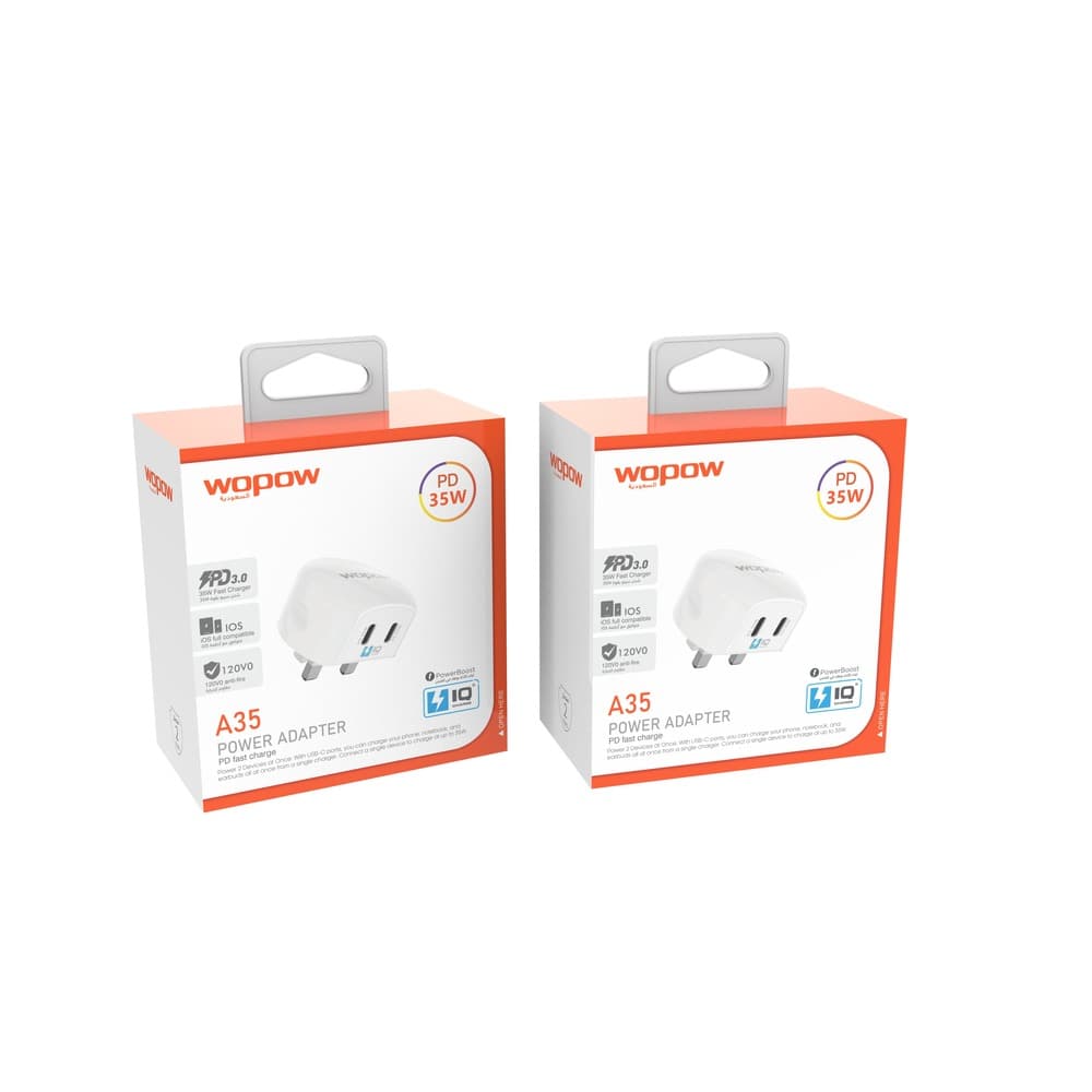 ووبو شاحن جداري A-35 بمنفذ 2 Type-C وتقنية الـ Pd بقوة 35 واط أبيض - Modern Electronics