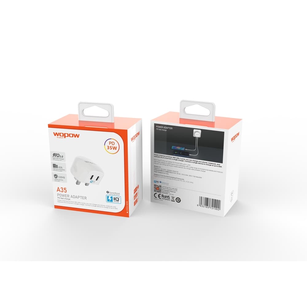 ووبو شاحن جداري A-35 بمنفذ 2 Type-C وتقنية الـ Pd بقوة 35 واط أبيض - Modern Electronics