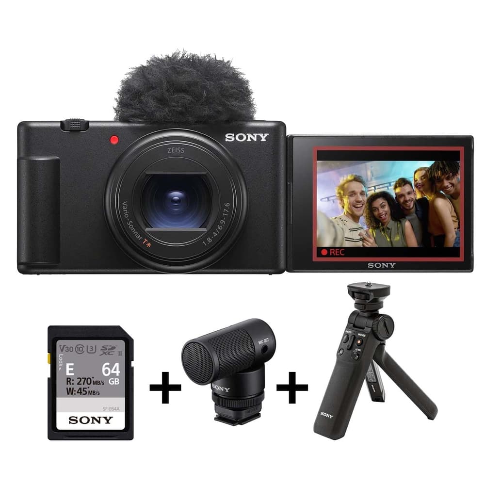 Sony ZV-1 Compact Digital Vlog Camera with Wireless Shooting Grip | ECM-G1 Ultracompact Microphone and SF-E64A 64GB Memory Card - Modern Electronics