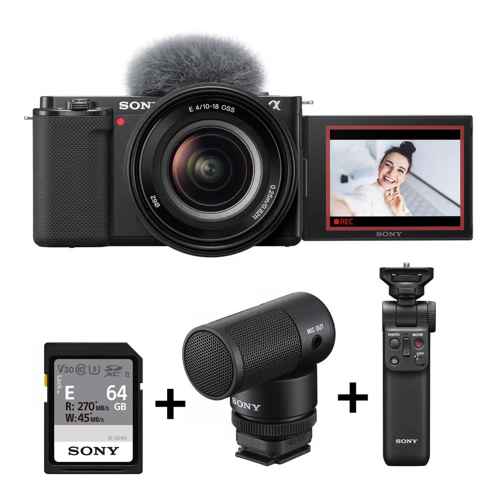Sony ZV-E10 vlog Camera with Shooting Grip Wireless Remote Commander Wireless Microphone and 64 GB SD Card - Modern Electronics